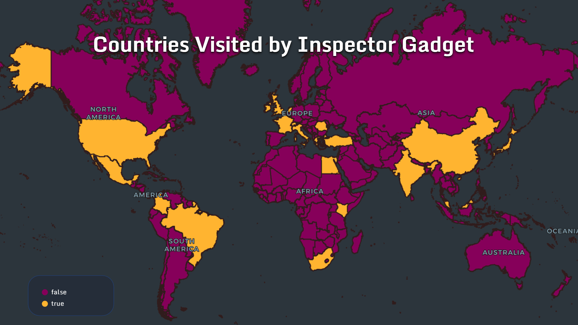 Countries visited by Inspector Gadget around the world